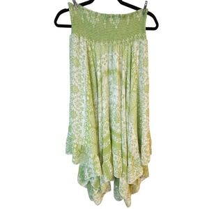 Womens Green White Damask Paisley Smocked Waist Handkerchief Hem Skirt L Fairy